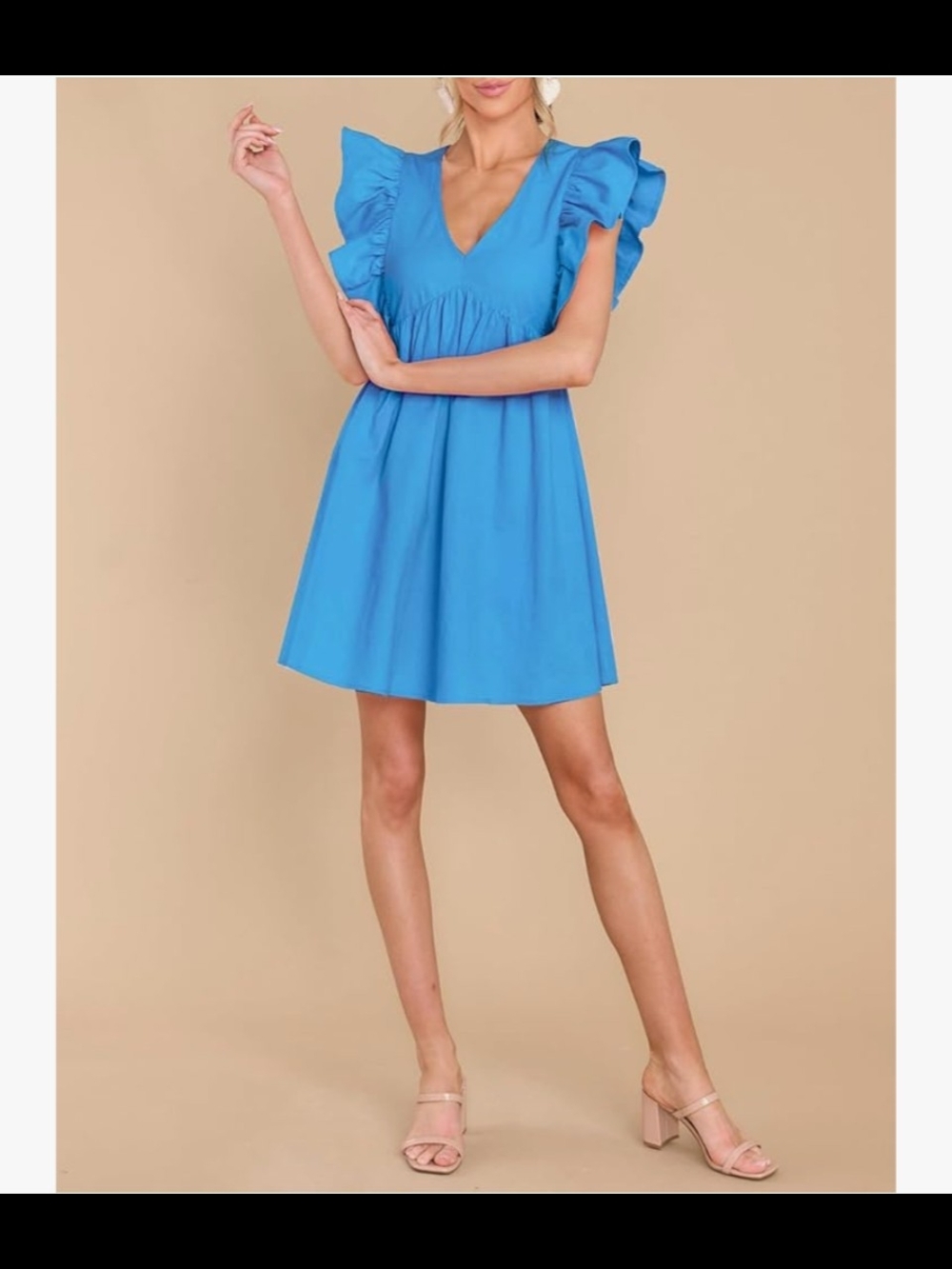 Blue V-Neck Ruffle Sleeve Mini Dress